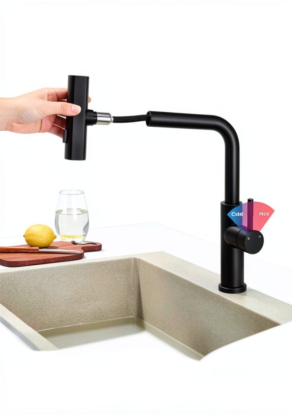 Matte Black Waterfall Kitchen Faucet Lufeidra Pull Down Sprayer-1
